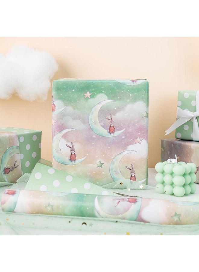 Reversible Wrapping Paper Roll - Mini Roll - Moon Rabbit Pattern Great For Baby Shower, Birthday, Party - 17.5 Inches X 32.8 Feet