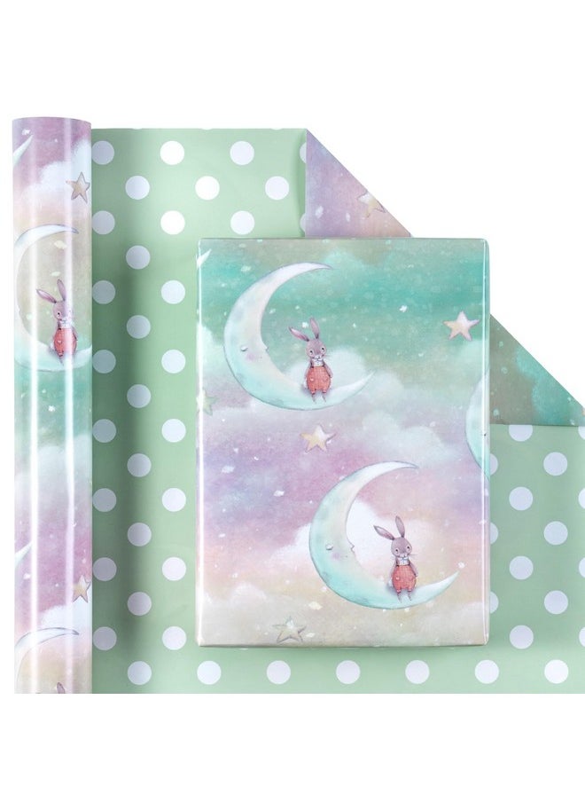 Reversible Wrapping Paper Roll - Mini Roll - Moon Rabbit Pattern Great For Baby Shower, Birthday, Party - 17.5 Inches X 32.8 Feet