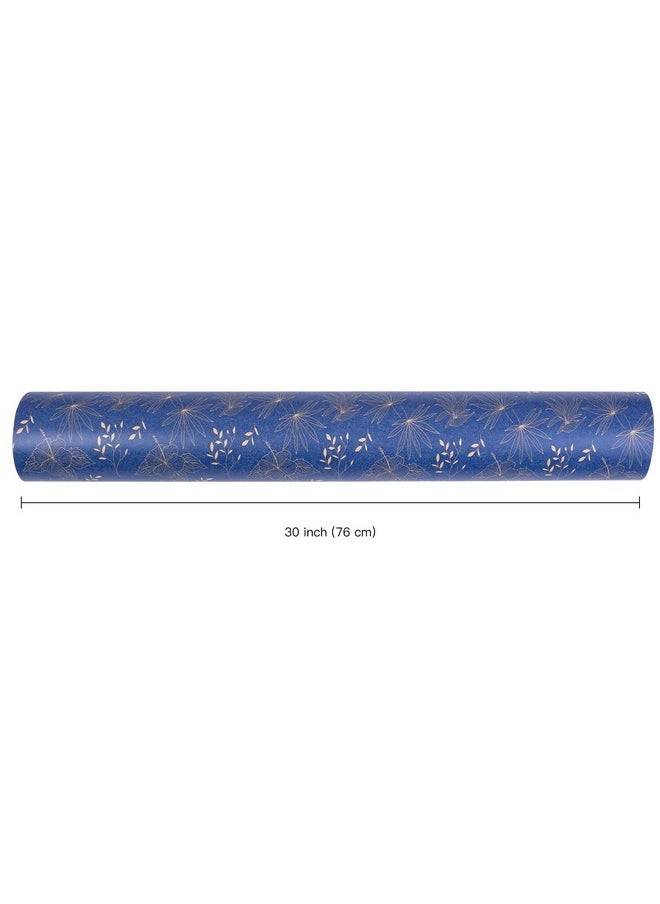 Kraft Wrapping Paper Roll - Blue Flowers And Plants Pattern - 30 Inches X 100 Feet