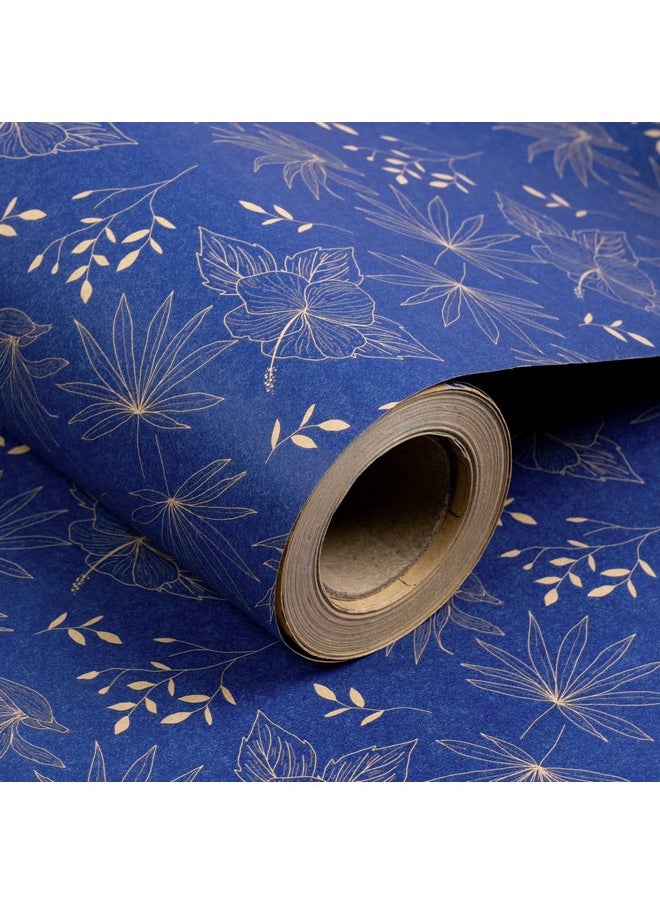 Kraft Wrapping Paper Roll - Blue Flowers And Plants Pattern - 30 Inches X 100 Feet