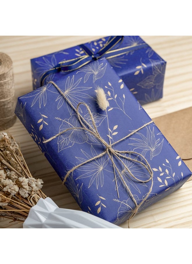 Kraft Wrapping Paper Roll - Blue Flowers And Plants Pattern - 30 Inches X 100 Feet