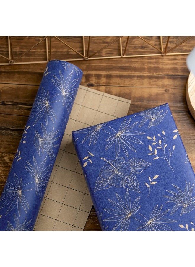 Kraft Wrapping Paper Roll - Blue Flowers And Plants Pattern - 30 Inches X 100 Feet