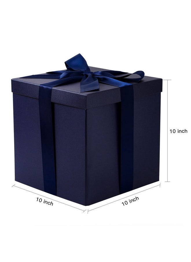 Medium Birthday Gift Box With Lids, Ribbon And Tissue Paper, Collapsible Gift Box - 1 Pcs, 10X10X10 Inches, Navy Blue