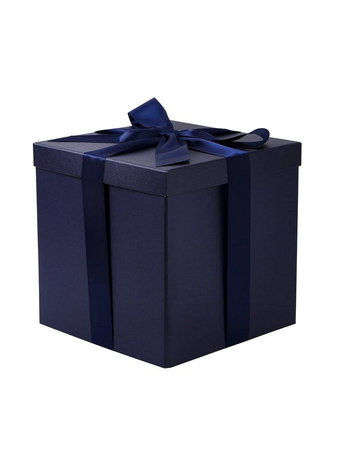 Medium Birthday Gift Box With Lids, Ribbon And Tissue Paper, Collapsible Gift Box - 1 Pcs, 10X10X10 Inches, Navy Blue