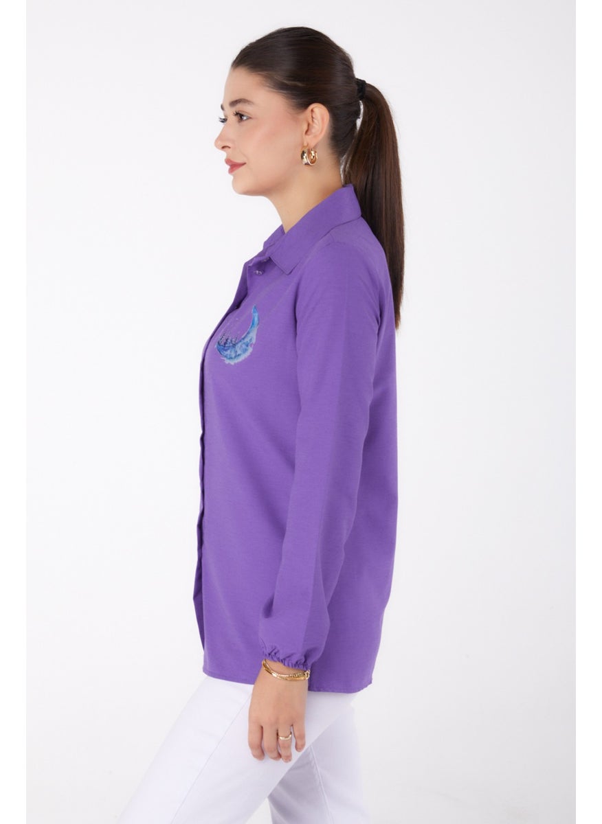 Plain Shirt Collar Women's Lilac Printed Shirt - 13339