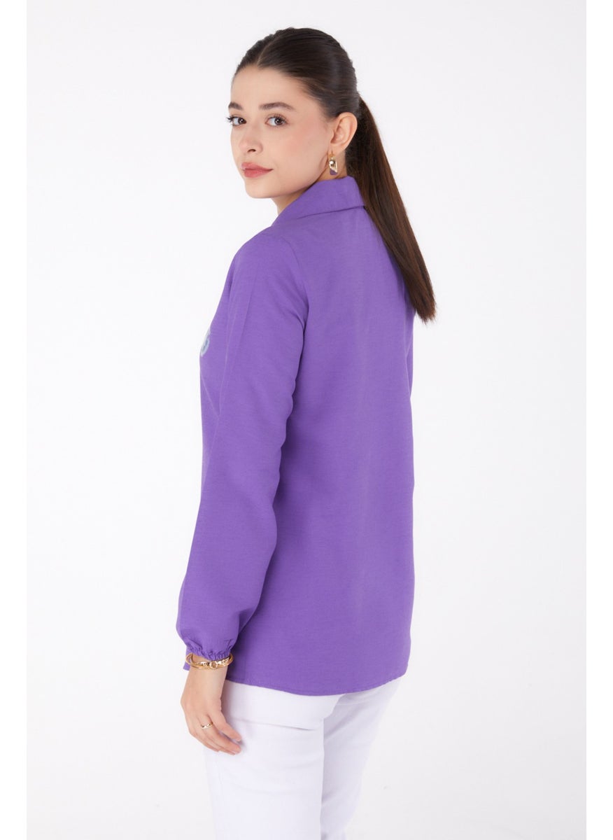 Plain Shirt Collar Women's Lilac Printed Shirt - 13339