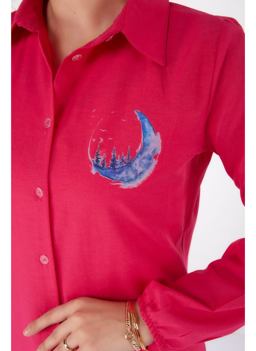 Plain Shirt Collar Women's Fuchsia Printed Shirt - 13339