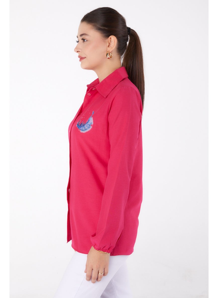 Plain Shirt Collar Women's Fuchsia Printed Shirt - 13339