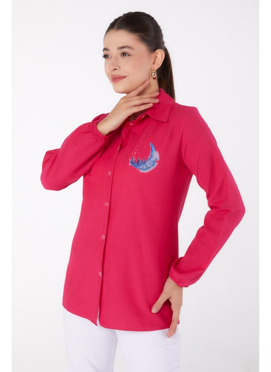 Plain Shirt Collar Women's Fuchsia Printed Shirt - 13339