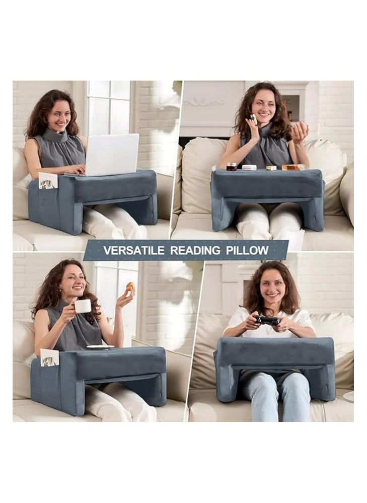 Plush Reading Pillow for Gaming Soft lap Desk Pillow for laptop large lap Pillow with cup holder pocket ultimate comfort laptop lap desk for bed couch car versatile reading pillows adult Grey