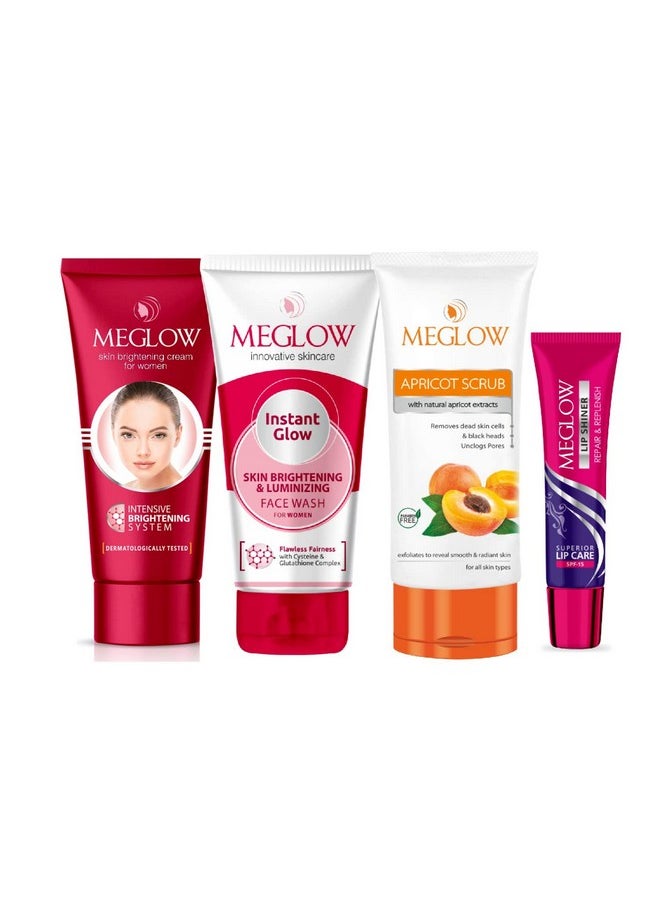 Skincare Combo Pack Of 4- Women'S Face Cream (50G) With Vitamin E And Natural Extracts | Instant Glow Face Wash (70G) | Apricot Scrub (70G) With Wallnut Shell Beads| Lip Shiner (15G) For Moisturized Lips | Paraben Free | For Glowing Skin