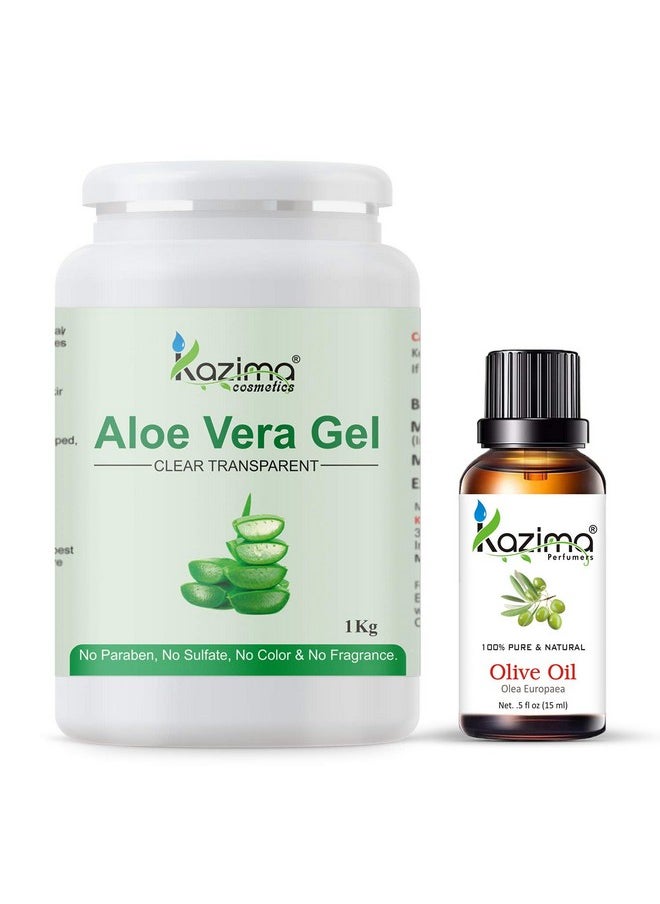 Combo Of Aloe Vera Gel 1Kg & Olive Carrier Oil 15Ml - 100% Pure & Natural For Skin, Face, Acne Scars, Hair, Moisturizer & Dark Circles (Combo Of 2)