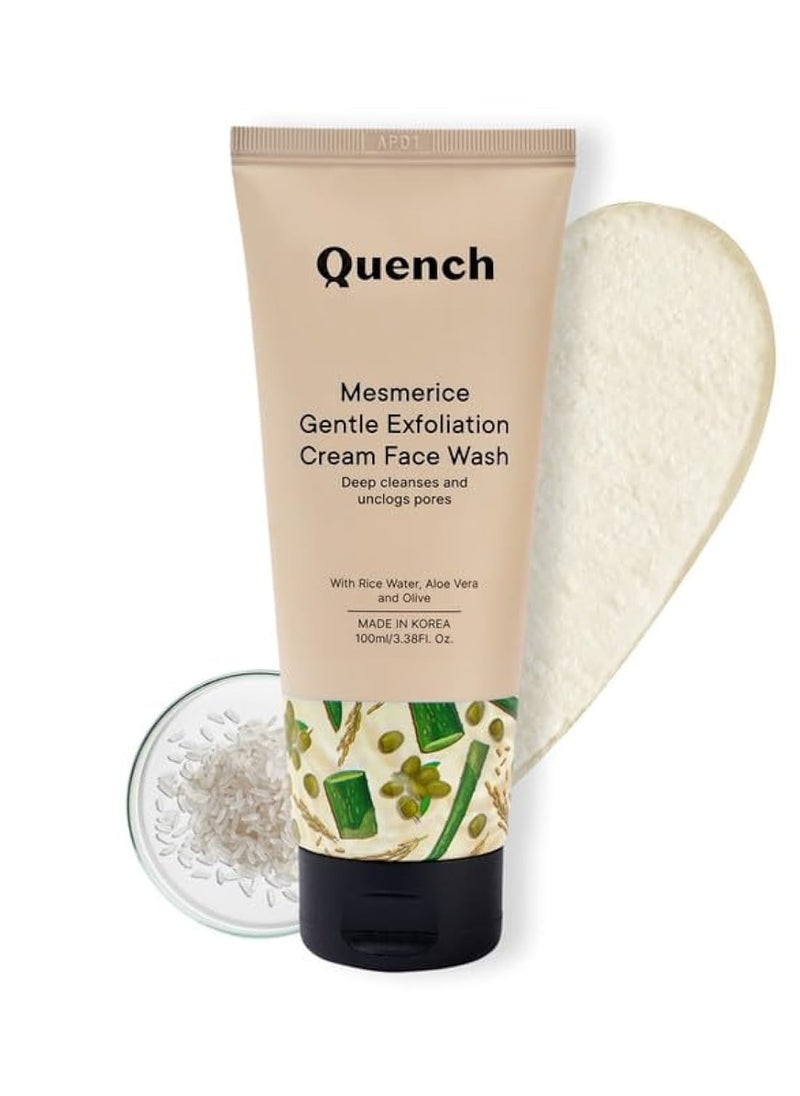 Quench Rice Water Gentle Exfoliation Cream Face Wash | Korean Face Wash for Glowing Skin | Brightens & Hydrates Skin with Aloe Vera & Vitamin E | Made in Korea (100ml)