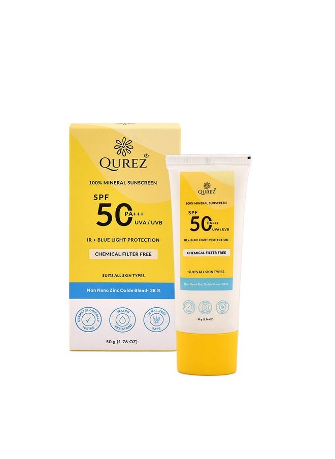 Mineral Sunscreen Spf 50 Pa+++, Lightweight, Broad Spectrum, Blue Light Protection, Ir Protection| Clinically Tested| For Oily, Dry, Sensitive, Acne-Prone Skin| Water Resistant, 50G