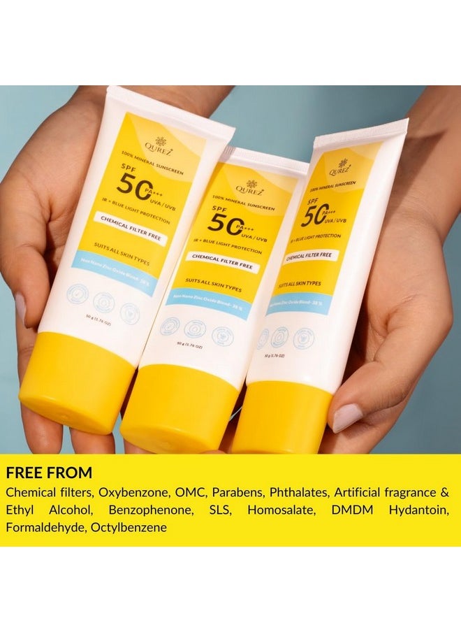 Mineral Sunscreen Spf 50 Pa+++, Lightweight, Broad Spectrum, Blue Light Protection, Ir Protection| Clinically Tested| For Oily, Dry, Sensitive, Acne-Prone Skin| Water Resistant, 50G