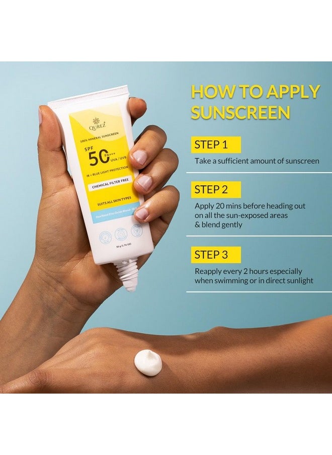 Mineral Sunscreen Spf 50 Pa+++, Lightweight, Broad Spectrum, Blue Light Protection, Ir Protection| Clinically Tested| For Oily, Dry, Sensitive, Acne-Prone Skin| Water Resistant, 50G