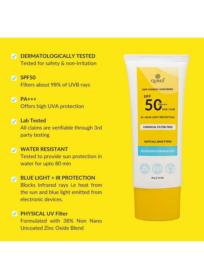 Mineral Sunscreen Spf 50 Pa+++, Lightweight, Broad Spectrum, Blue Light Protection, Ir Protection| Clinically Tested| For Oily, Dry, Sensitive, Acne-Prone Skin| Water Resistant, 50G