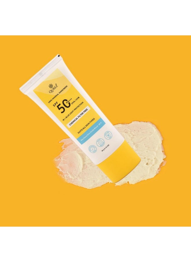 Mineral Sunscreen Spf 50 Pa+++, Lightweight, Broad Spectrum, Blue Light Protection, Ir Protection| Clinically Tested| For Oily, Dry, Sensitive, Acne-Prone Skin| Water Resistant, 50G