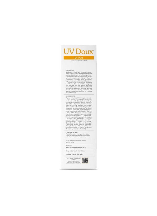 Uv Doux D-Tan Aqua Sunscreen Lotion | Spf 50 Pa++++ | 8-Hour Hydration, D-Tan Formula With Niacinamide & Vitamin C, 50 Ml (Pack Of 1)