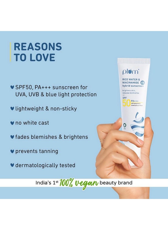 2% Niacinamide Sunscreen Spf 50 Pa+++ With Rice Water | Uva/ Uvb Protection | Reduces Tan, Brightens Skin | No White Cast, Lightweight, Non-Sticky | Dermatologically Tested | All Skin Types | Women & Men | 100% Vegan | 50 G