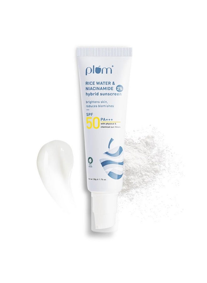 2% Niacinamide Sunscreen Spf 50 Pa+++ With Rice Water | Uva/ Uvb Protection | Reduces Tan, Brightens Skin | No White Cast, Lightweight, Non-Sticky | Dermatologically Tested | All Skin Types | Women & Men | 100% Vegan | 50 G