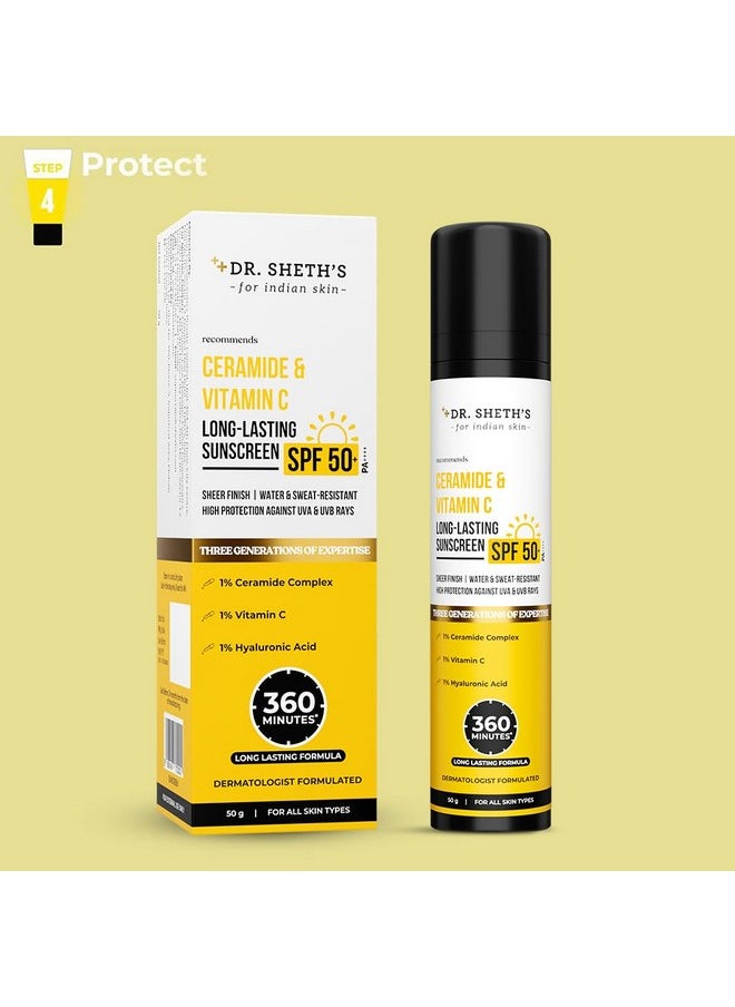 Ceramide & Vitamin C Long Lasting Sunscreen Spf 50+ Pa++++ 6 Hrs Advanced Uv & Tan Protection | No White Cast, Water & Sweat-Resistant | Non-Greasy & Quick-Absorbing | For Women & Men | 50G