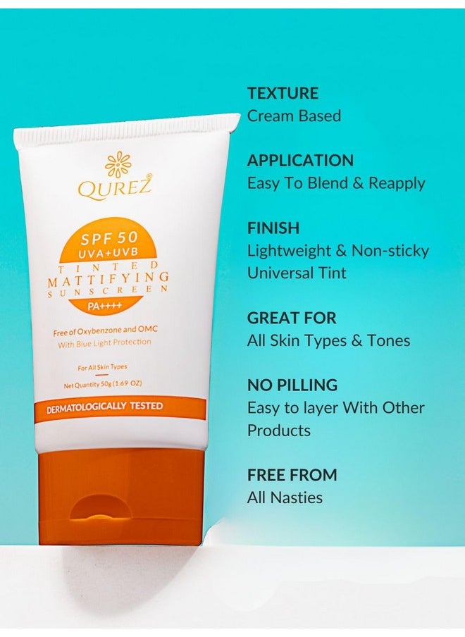 Spf 50 Tinted Mattifying Sunscreen, Matte No White Cast For All Skins Broad Spectrum Blue Light Protection Pa+++, Uv A, Uv B For Glowing & Well Protected Skin, Cream 50G