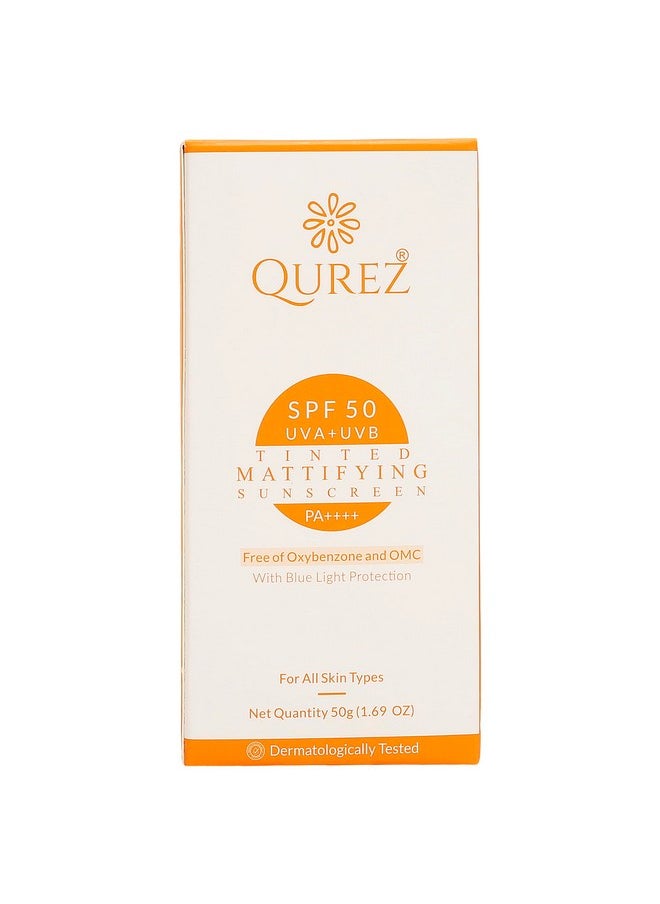 Spf 50 Tinted Mattifying Sunscreen, Matte No White Cast For All Skins Broad Spectrum Blue Light Protection Pa+++, Uv A, Uv B For Glowing & Well Protected Skin, Cream 50G