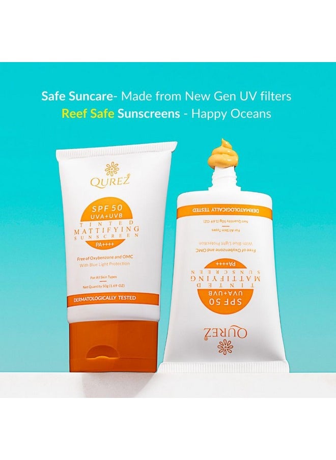 Spf 50 Tinted Mattifying Sunscreen, Matte No White Cast For All Skins Broad Spectrum Blue Light Protection Pa+++, Uv A, Uv B For Glowing & Well Protected Skin, Cream 50G