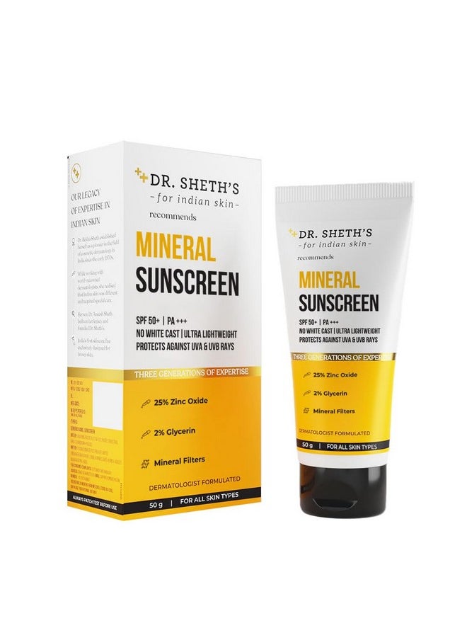 Mineral Sunscreen Spf 50 Pa+++ | Water Proof Sunscreen | No White Cast | Quick-Absorbing | Ultra Lightweight & Non-Sticky | 25% Zinc Oxide | For All Skin Types | For Women & Men | 50G