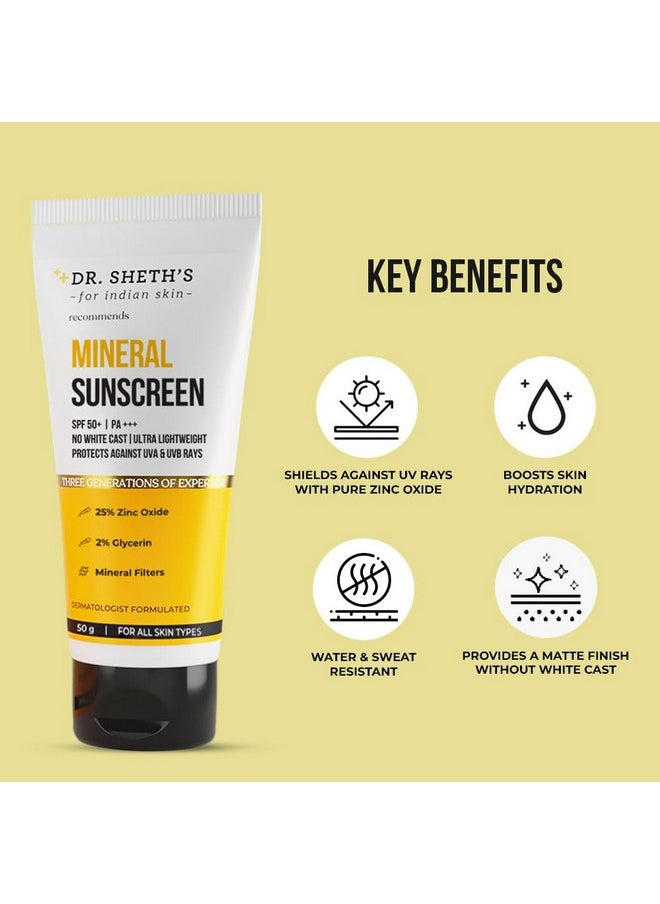 Mineral Sunscreen Spf 50 Pa+++ | Water Proof Sunscreen | No White Cast | Quick-Absorbing | Ultra Lightweight & Non-Sticky | 25% Zinc Oxide | For All Skin Types | For Women & Men | 50G