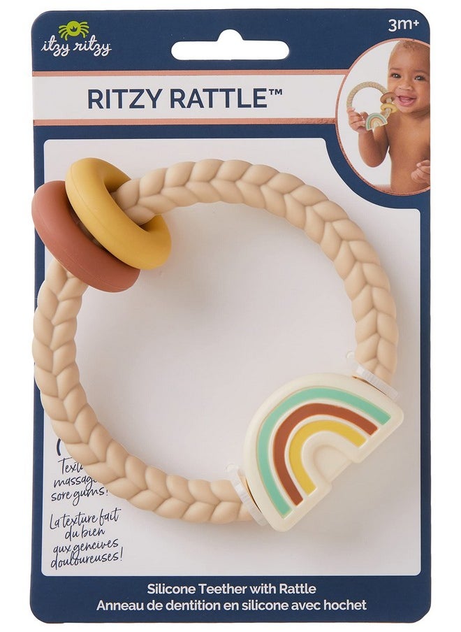 Silicone Teether With Rattle; Rattle Teether Features Rattle Sound, Two Silicone Teething Rings And Raised Texture To Soothe Gums; Ages 3 Months And Up (Neutral Rainbow)