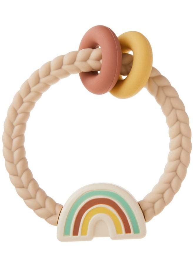 Silicone Teether With Rattle; Rattle Teether Features Rattle Sound, Two Silicone Teething Rings And Raised Texture To Soothe Gums; Ages 3 Months And Up (Neutral Rainbow)