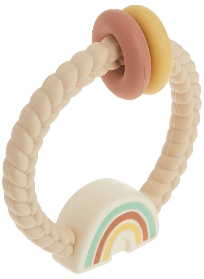 Silicone Teether With Rattle; Rattle Teether Features Rattle Sound, Two Silicone Teething Rings And Raised Texture To Soothe Gums; Ages 3 Months And Up (Neutral Rainbow)