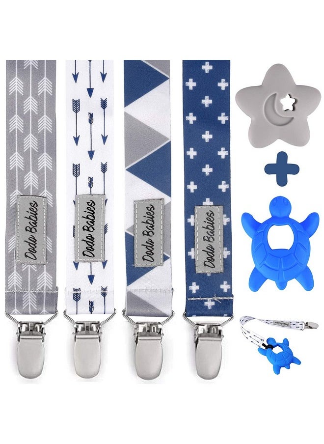 Pacifier Clip & Teether Toy Set - Four Clips Plus Two Silicone Teether Toys - Universal Holder Fits Most Paci Brands - Fun Blue And Gray Prints For Girls Or Boys