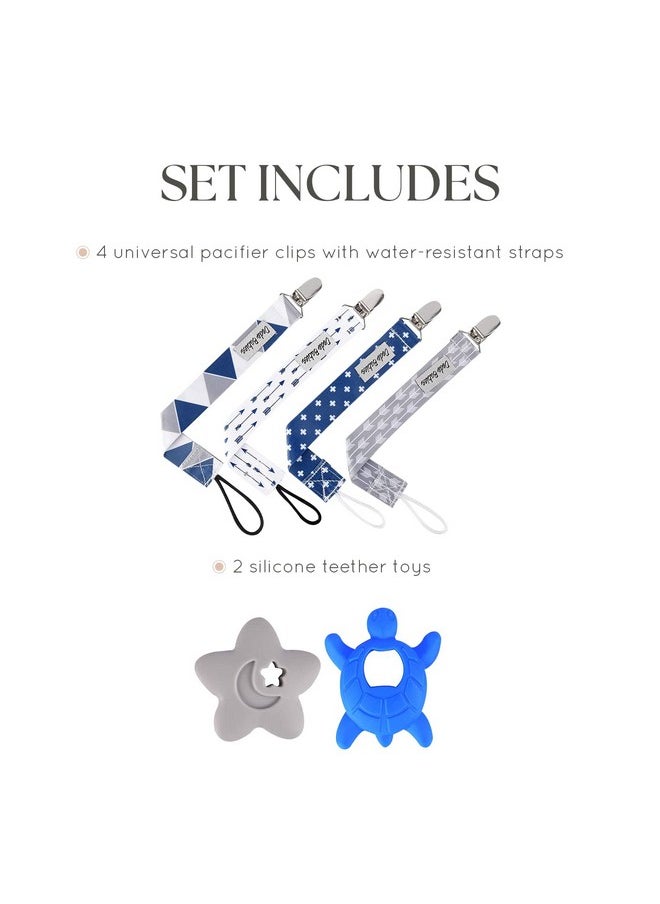 Pacifier Clip & Teether Toy Set - Four Clips Plus Two Silicone Teether Toys - Universal Holder Fits Most Paci Brands - Fun Blue And Gray Prints For Girls Or Boys