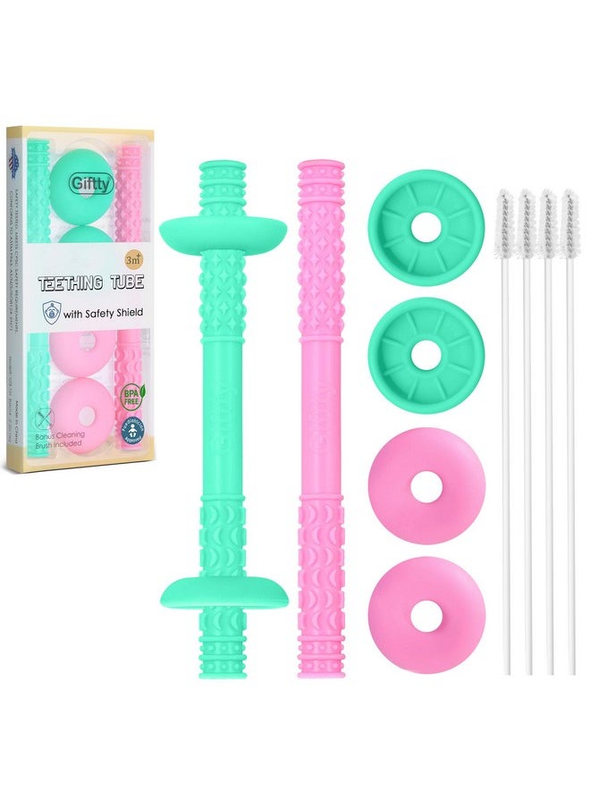 Teething Tube With Safety Shield Baby Hollow Teether Sensory Toys Gum Massager, Food-Grade Silicone For Infant 3-12 Months Boys Girls, 1 Pair With 4 Cleaning Brush Included (Rose Pink+Emerald)