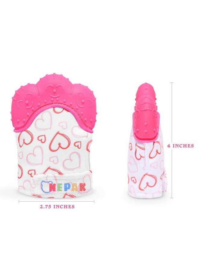 Teething Mitten 2 Pcs-Baby Glove Stimulating Teether Toys For Boys & Girls-Teething Glove For 3-6 Months Baby (Pretty Sweet Heart,Pink)