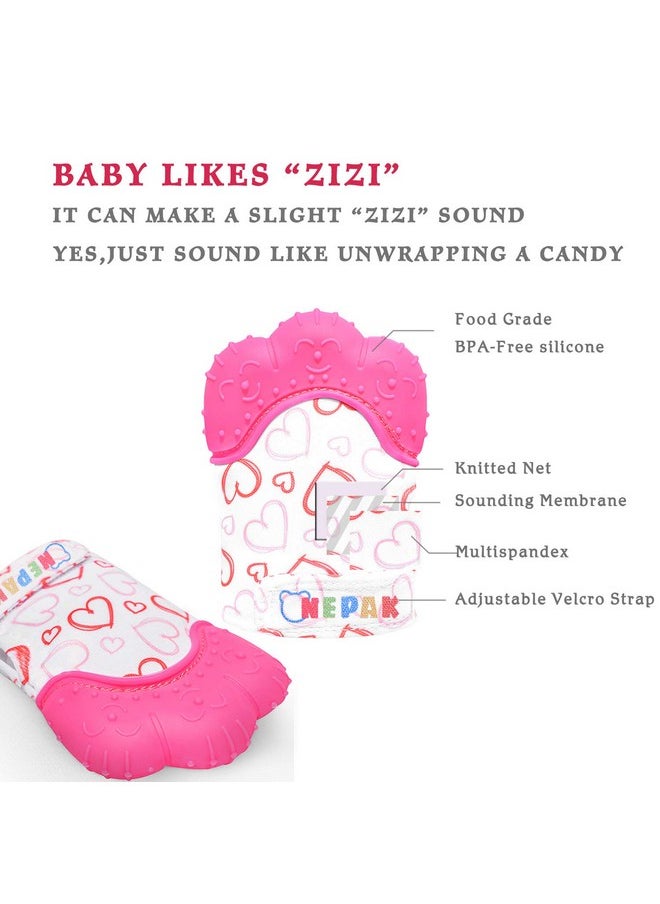 Teething Mitten 2 Pcs-Baby Glove Stimulating Teether Toys For Boys & Girls-Teething Glove For 3-6 Months Baby (Pretty Sweet Heart,Pink)