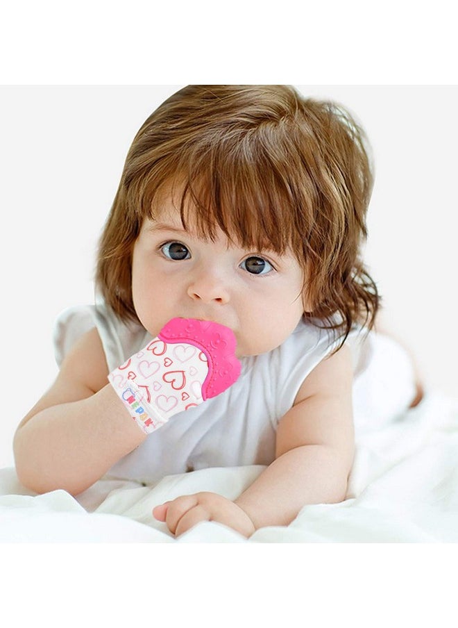 Teething Mitten 2 Pcs-Baby Glove Stimulating Teether Toys For Boys & Girls-Teething Glove For 3-6 Months Baby (Pretty Sweet Heart,Pink)