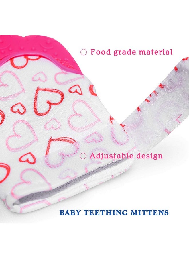 Teething Mitten 2 Pcs-Baby Glove Stimulating Teether Toys For Boys & Girls-Teething Glove For 3-6 Months Baby (Pretty Sweet Heart,Pink)