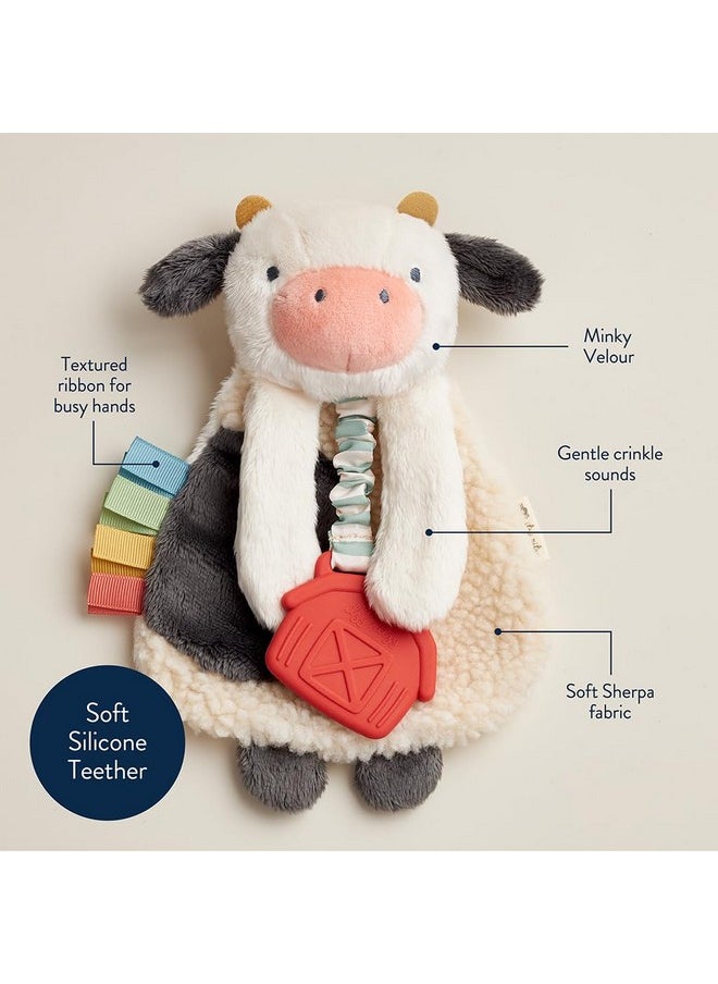 - Itzy Lovey Including Teether - Baby Lovey With Teether, Textured Ribbons & Dangle Arms - Features Crinkle Sound, Sherpa Fabric And Minky Plush (Cow)