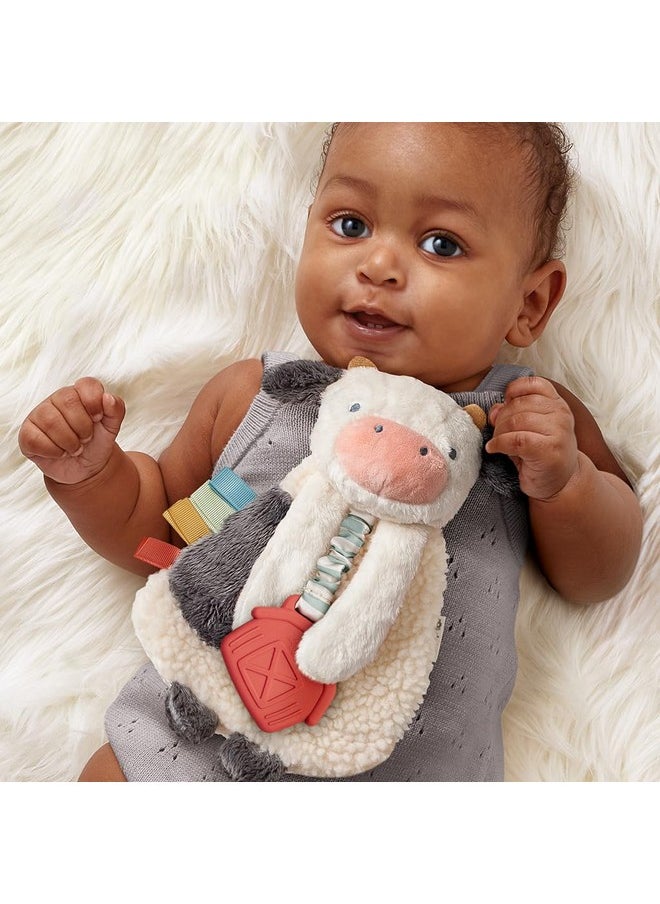 - Itzy Lovey Including Teether - Baby Lovey With Teether, Textured Ribbons & Dangle Arms - Features Crinkle Sound, Sherpa Fabric And Minky Plush (Cow)