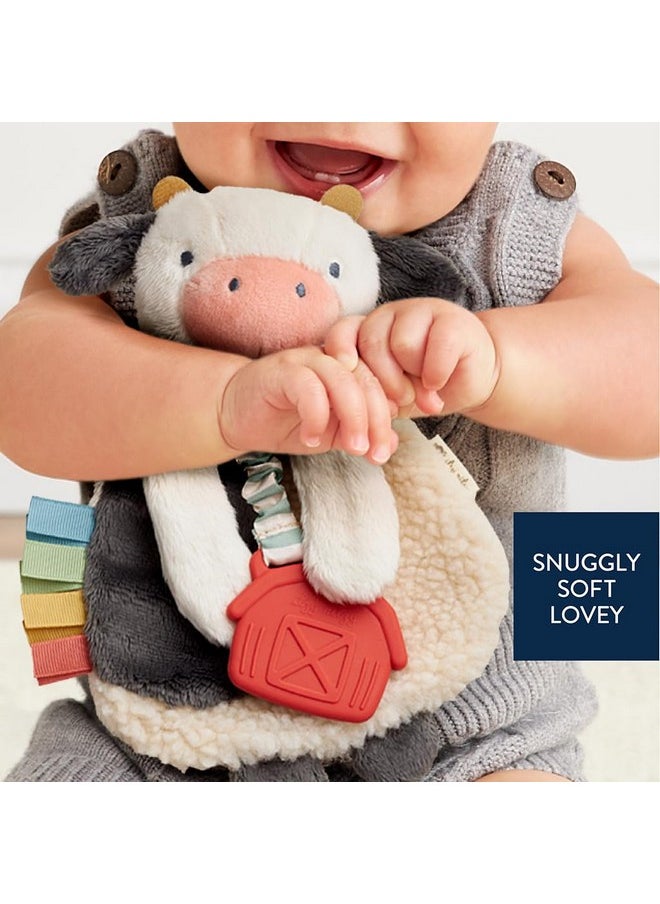 - Itzy Lovey Including Teether - Baby Lovey With Teether, Textured Ribbons & Dangle Arms - Features Crinkle Sound, Sherpa Fabric And Minky Plush (Cow)