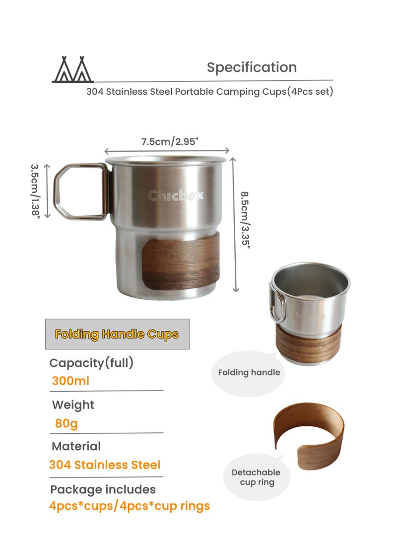 4Pcs 304 Stainless Steel 300ml Portable Camping Cups, Pint Cup Metal Coffee Mug Outdoor Camping Mug,Food Grade Stainless Steel,Lightweight and Portable,Corrosion-resistant, Safe and Non-toxic, Durable, Folding Handle design easy to hold, Anti-scald, Camping Accessories used as Outdoor Camping, Travel Adventure, Mountain Climbing, Hiking, Picnic Fishing, Home daily, Office Rest, Café rest, Holiday Gifts, Desert off-road, Camping Party