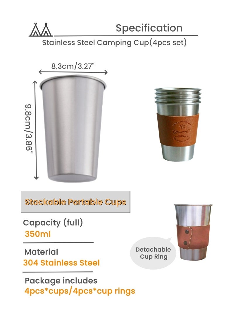 4Pcs 304 Stainless Steel 350ml Portable Camping Cups ,  Pint Cup Metal Coffee Mug Outdoor Cups,Food Grade Stainless Steel,Lightweight and Portable ,Corrosion-resistant, Safe and Non-toxic, Durable, Leather Rings design easy to hold, Anti-scald , Camping Accessories used as Outdoor Camping, Travel Adventure, Mountain Climbing, Hiking, Picnic Fishing, Home Daily, Office rest, Café coffee latte art, Holiday Gifts, Desert off-road, Camping Party