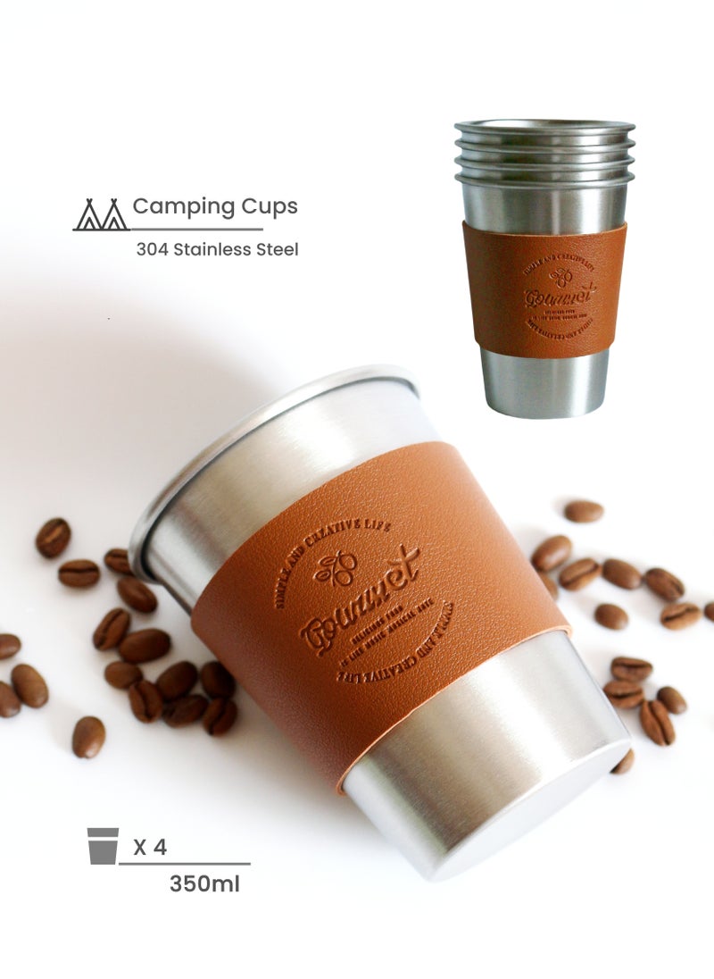 4Pcs 304 Stainless Steel 350ml Portable Camping Cups ,  Pint Cup Metal Coffee Mug Outdoor Cups,Food Grade Stainless Steel,Lightweight and Portable ,Corrosion-resistant, Safe and Non-toxic, Durable, Leather Rings design easy to hold, Anti-scald , Camping Accessories used as Outdoor Camping, Travel Adventure, Mountain Climbing, Hiking, Picnic Fishing, Home Daily, Office rest, Café coffee latte art, Holiday Gifts, Desert off-road, Camping Party