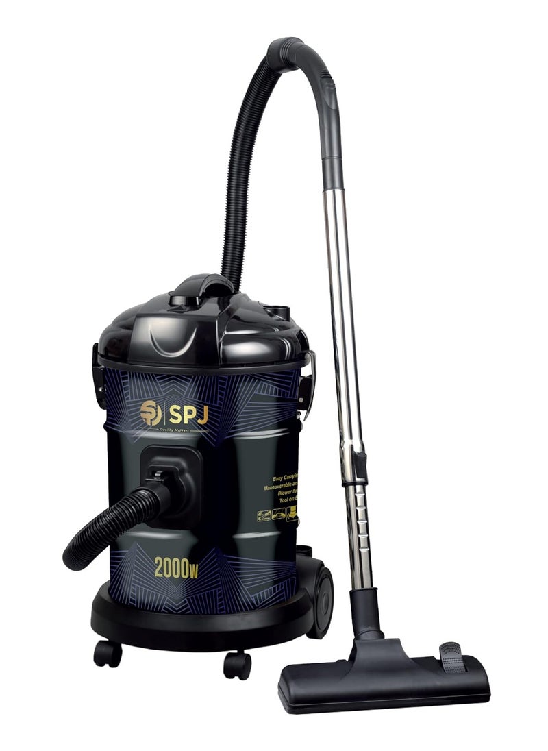 SPJ Vacuum Cleaner, 2000W Drum Vacuum Cleaner, 25L Capacity, 100% Copper Motor, Dust Full Indicator, Solid And Durable Iron Tank, Easy Parking Nozzle, Home & Office, BLACK, DVCW-BL25L02