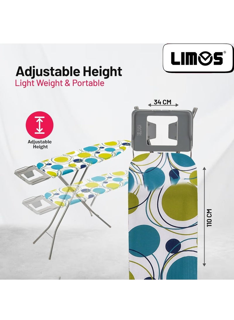 Ironing Board Ironing Table assorted color with Powder Coated Carbon Steel Iron Table with Adjustable Height Mechanism Heat Resistant Cotton Cover - 110x34 cm