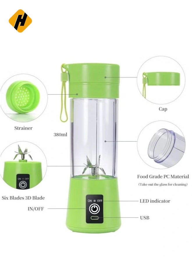 Portable Blender Cup,Electric USB Juicer Blender,Mini Blender Portable Blender For Shakes and Smoothies, Juice,380ml, Six Blades Great for Mixing,Green